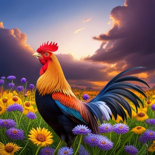 Phoenix Rooster in Wildflower Field: Hyperrealistic Image