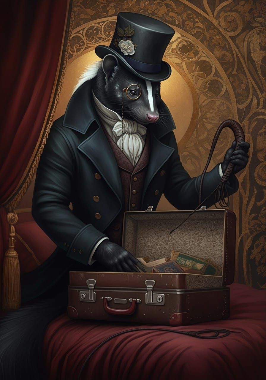 Victorian Skunk Packs Whip: An Art Nouveau Illustration