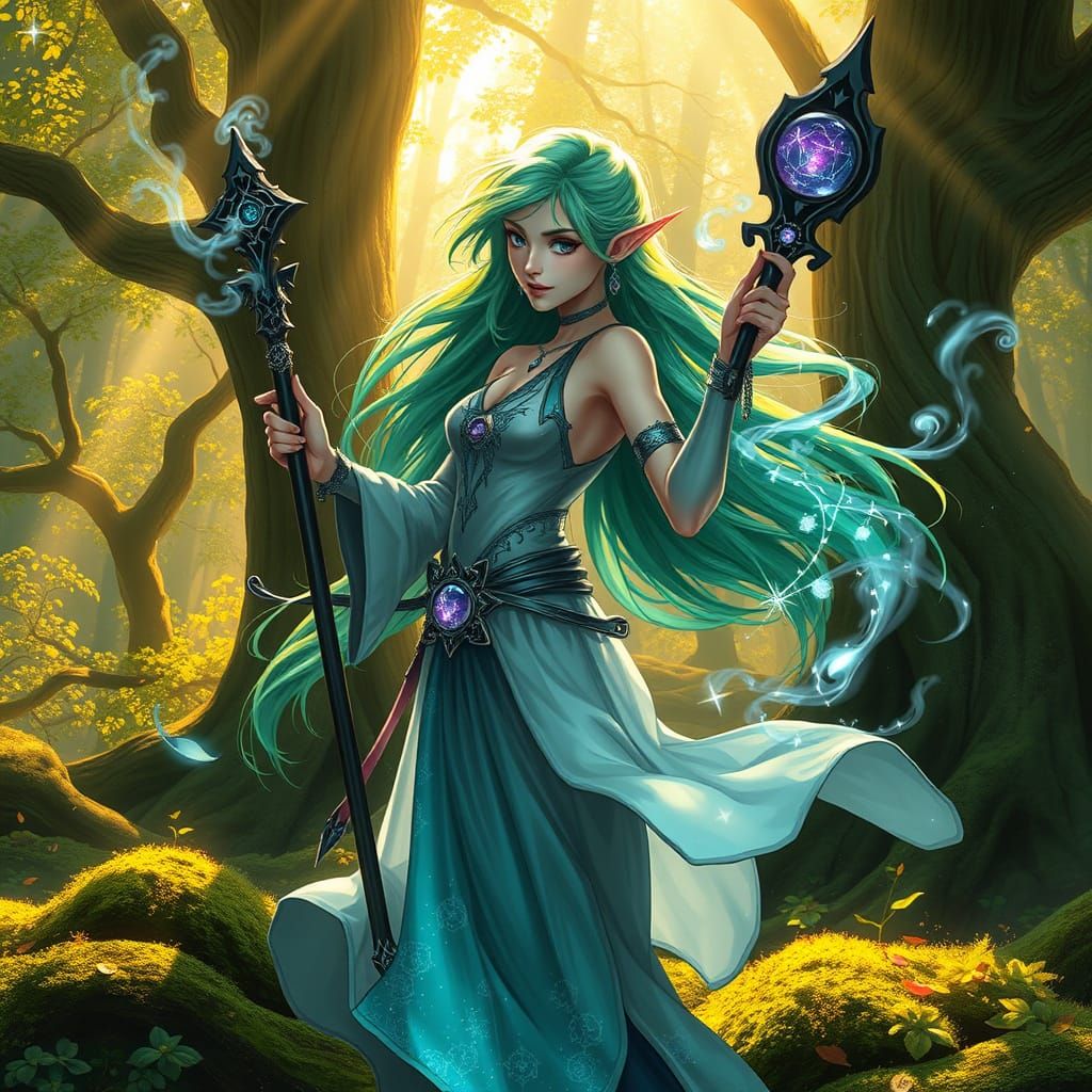 Elegant Elf Mage in Celestial Gown, Channeling Arcane Power