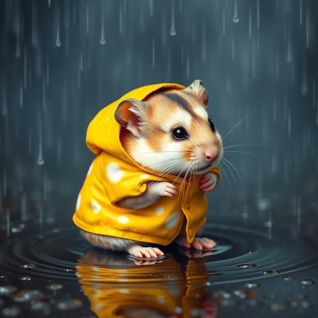 Whimsical Rainy Day Hamster in Bright Yellow Raincoat