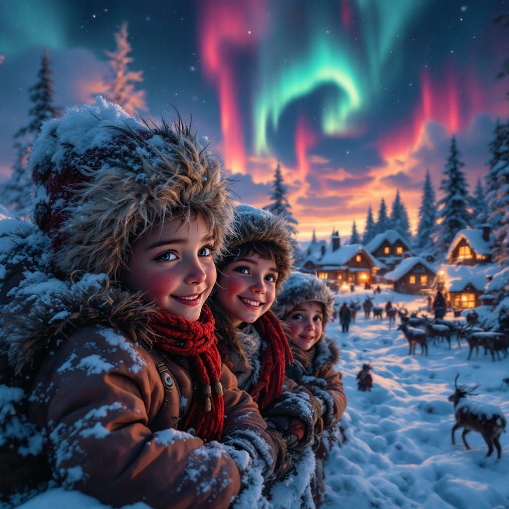 Playful Lapplander Children in Arctic Winter, Detailed Matte...