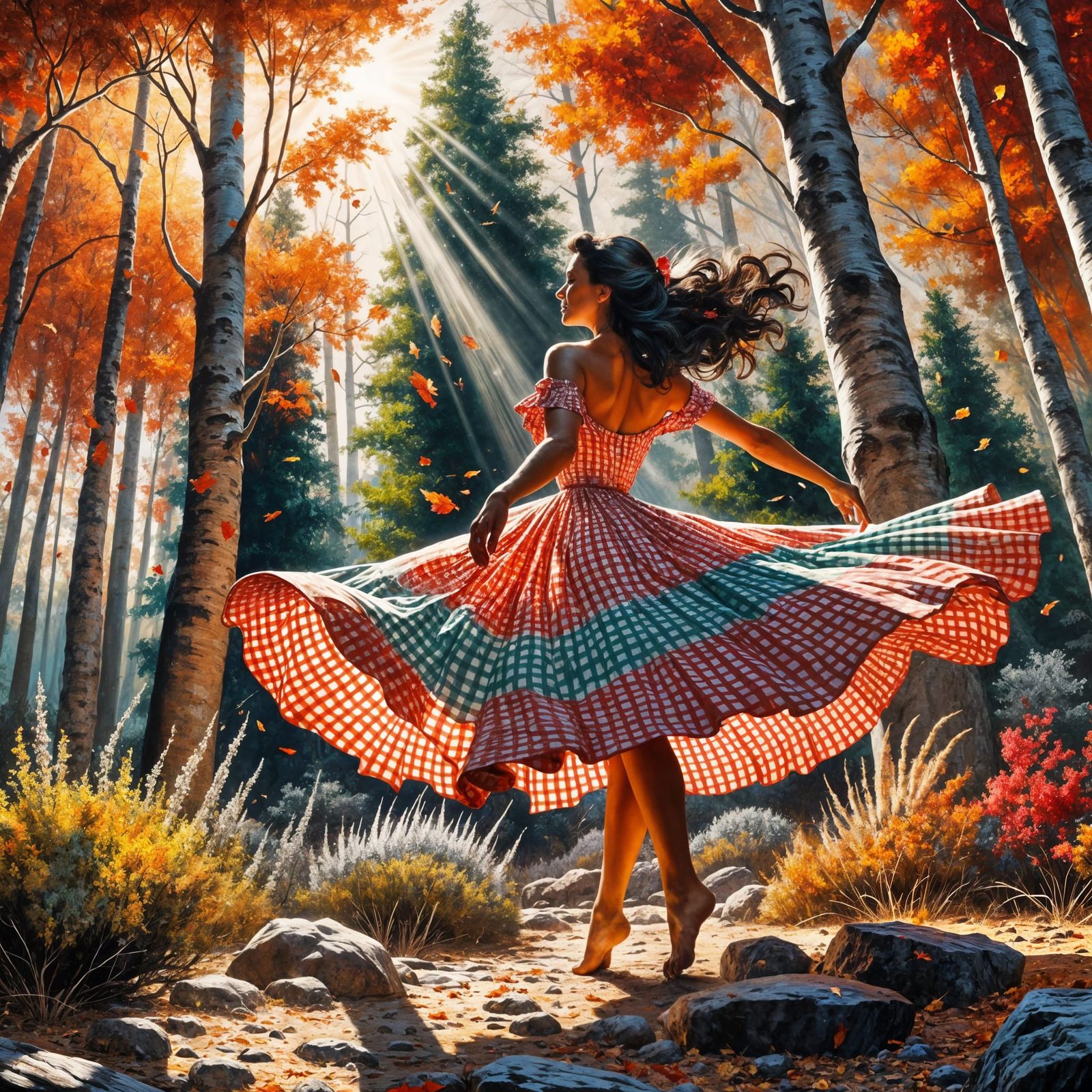 Surreal Autumn Goddess Dancing in Gingham Sundress