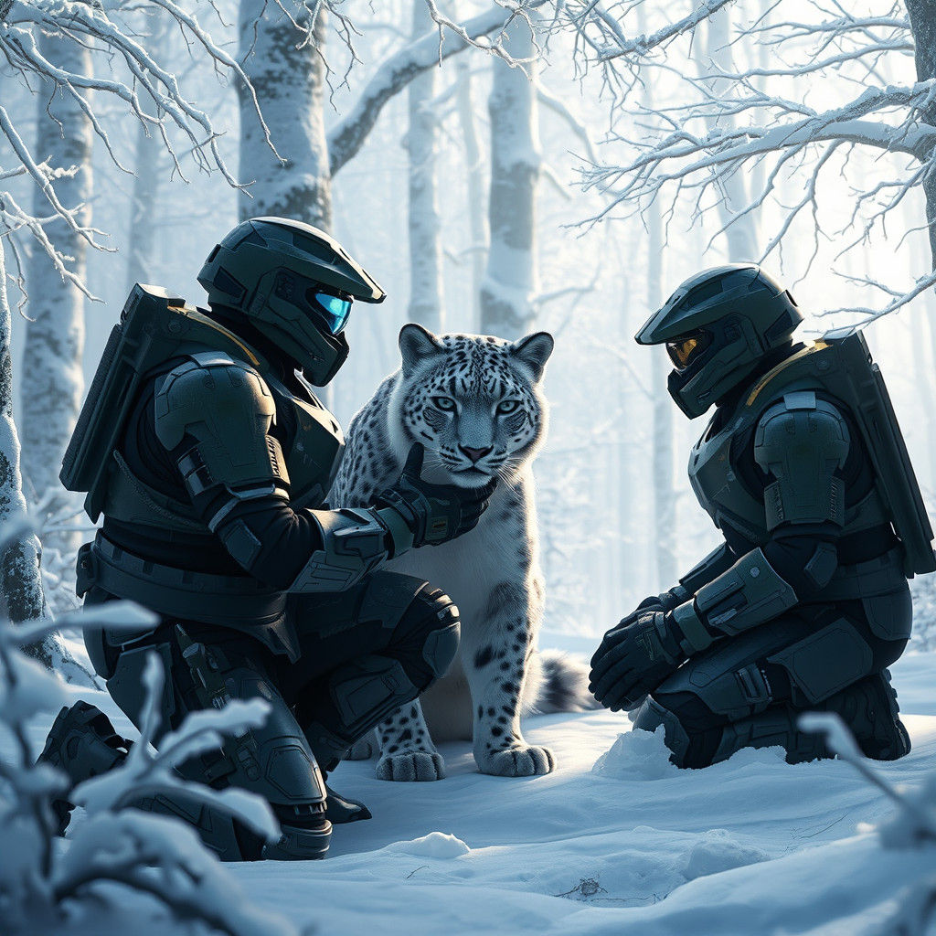 Halo Spartans Petting Snow Leopard in Winter Forest
