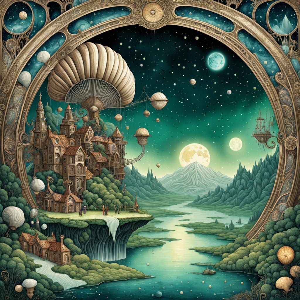 Whimsical Shell Landscape with Cosmic Fantasy Art