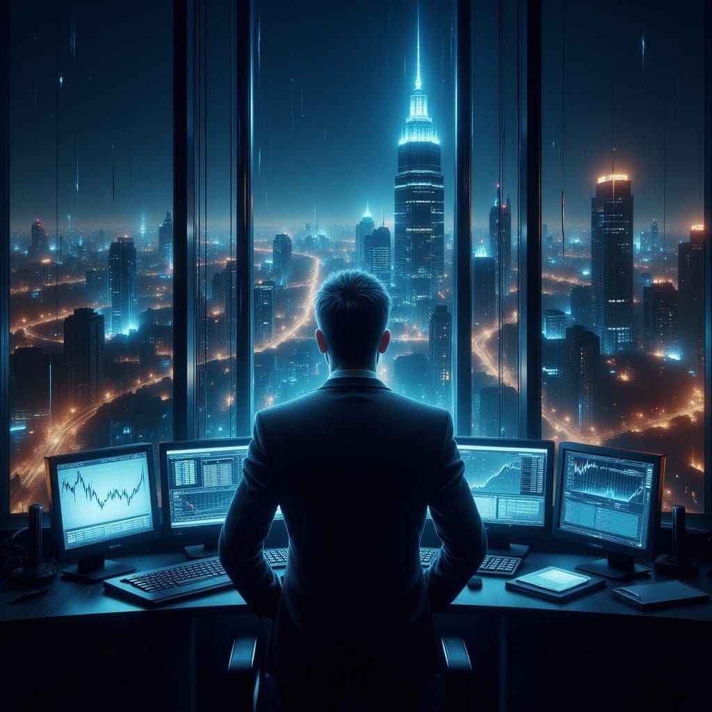 Focused Trader in High-Rise Office Overlooking City at Night