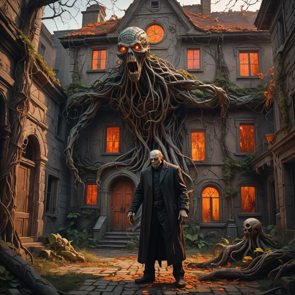 Creepy Demonic Figure in Haunted Lovecraftian House