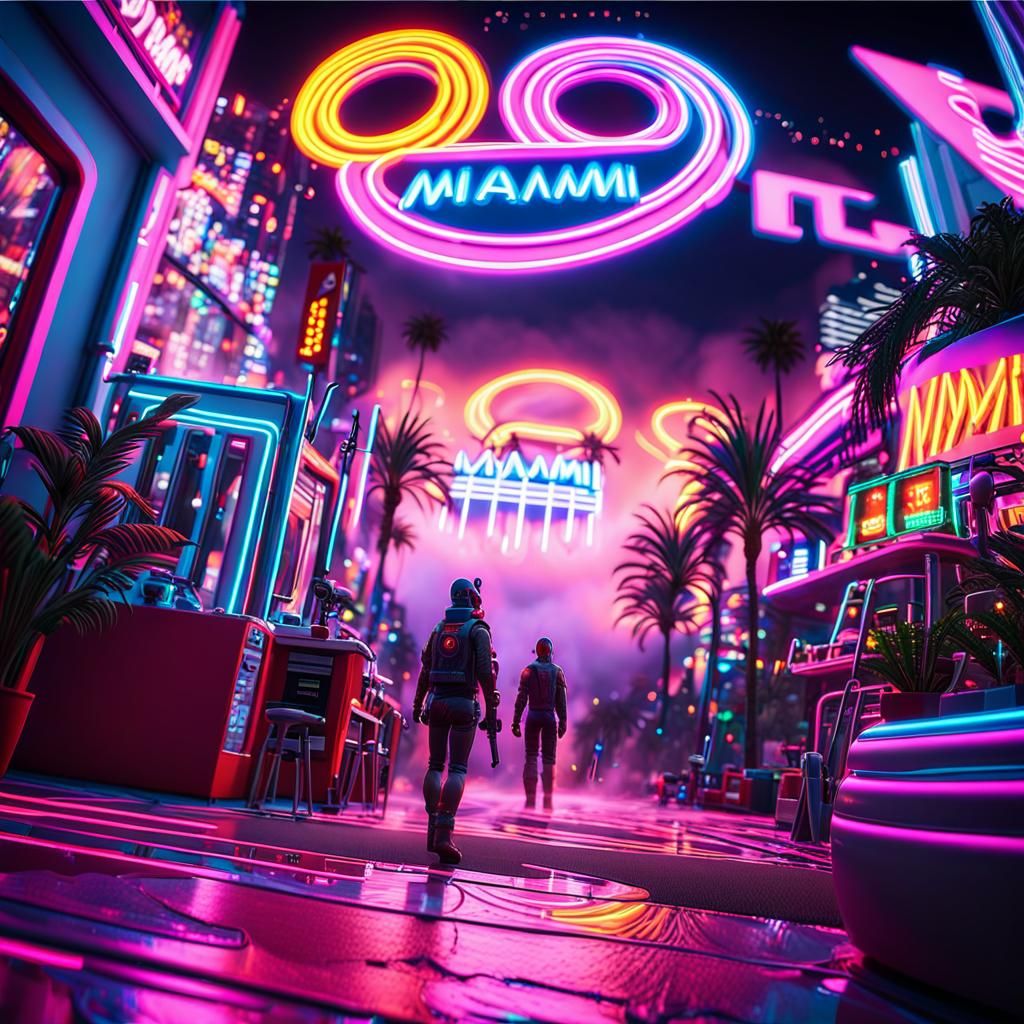 Miami Killer with Gun in Neon Cityscape