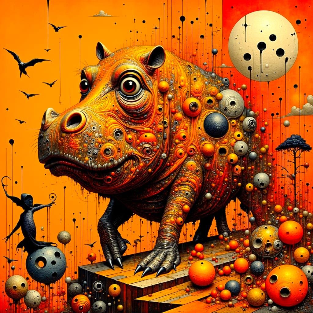 Vibrant Orange Monochromatic Hippo Swarming Universe