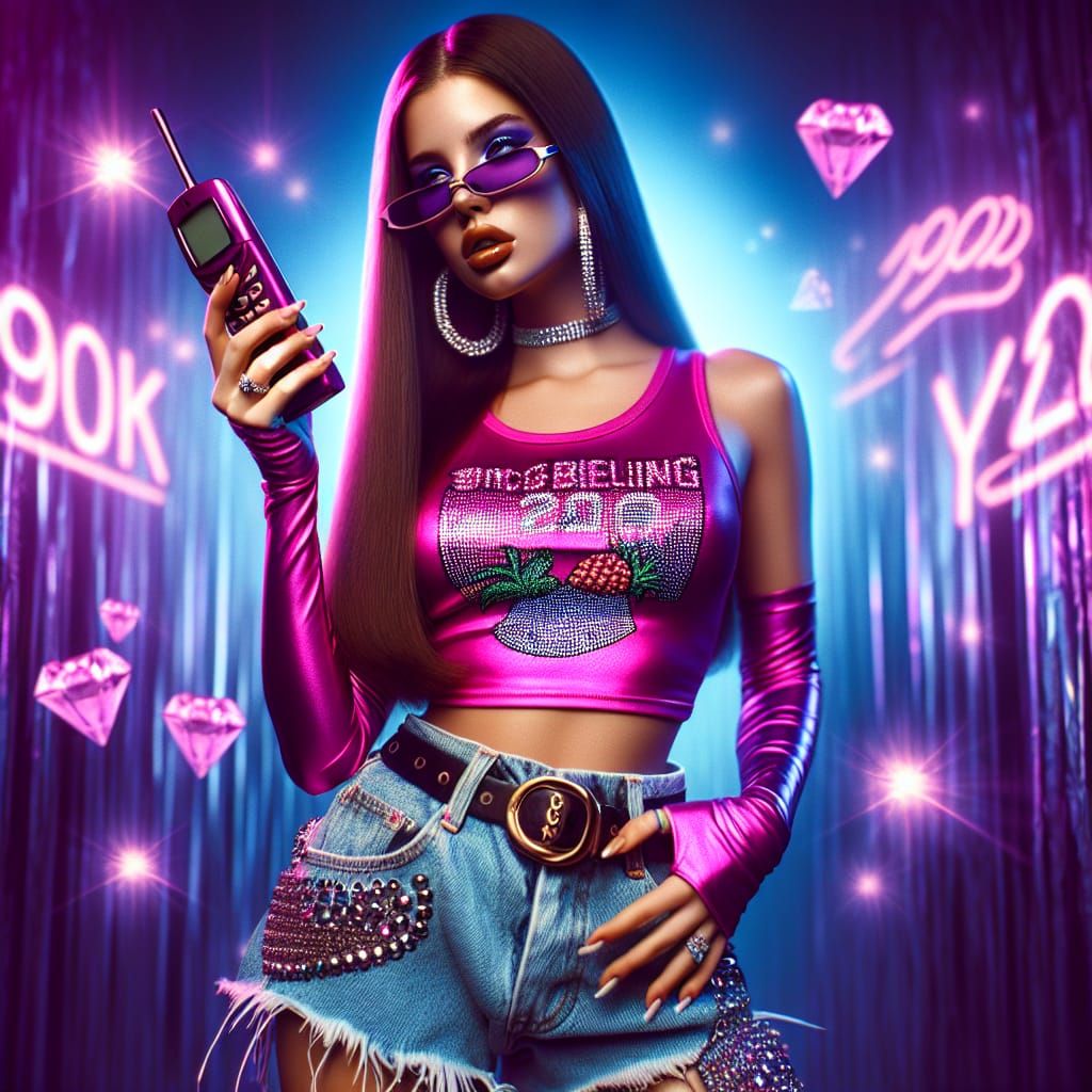 Y2K Aesthetic Woman with Razor Phone in Neon Lighting