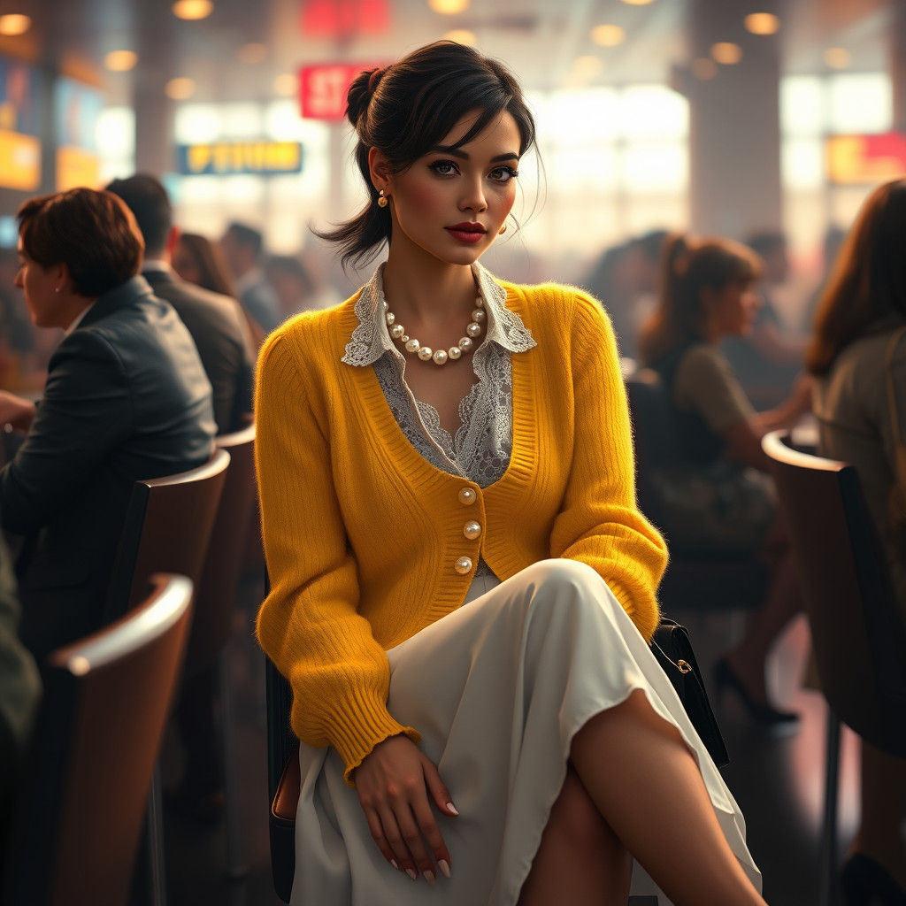 Brunette in Yellow Cardigan in Crowded Airport, Hyperrealism