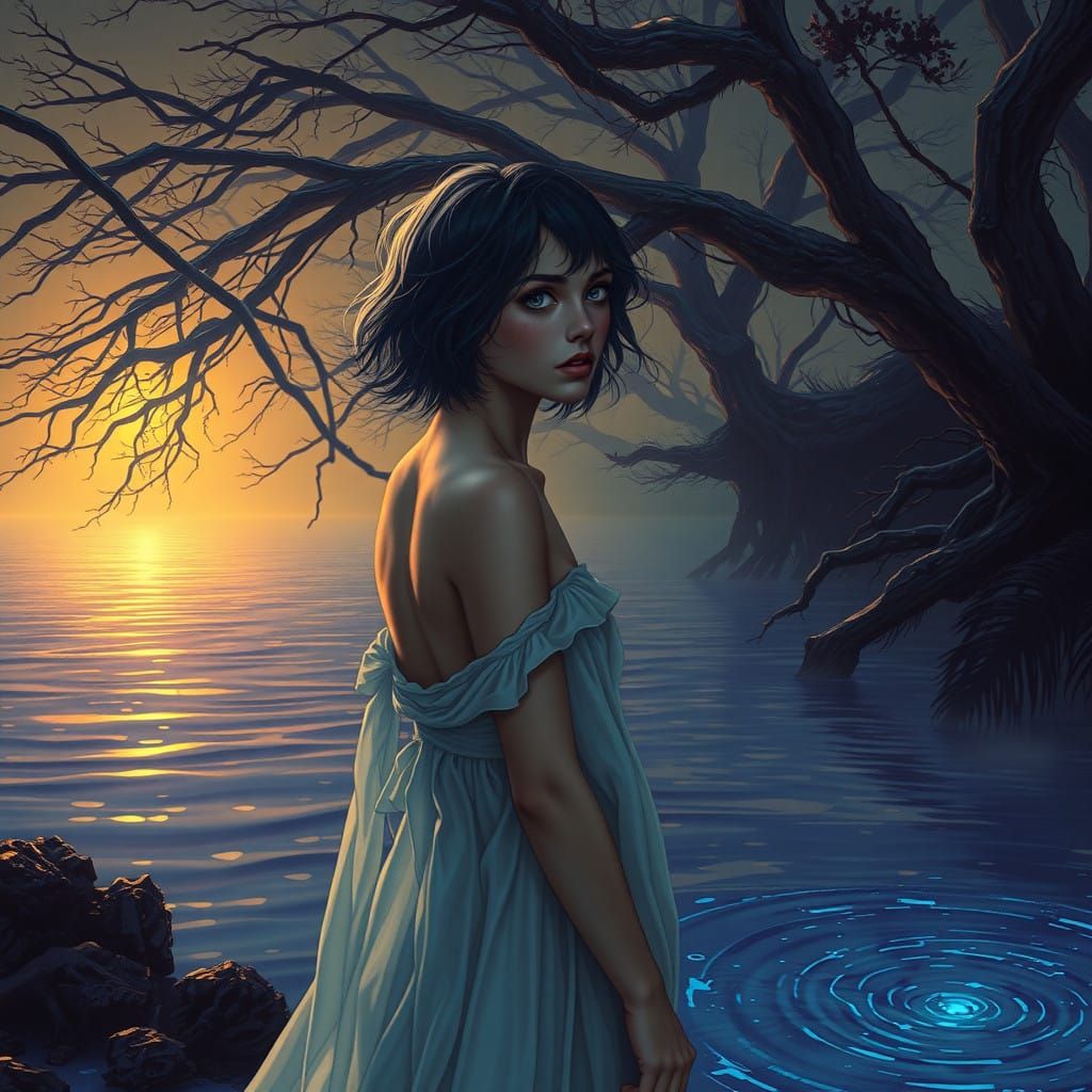 A Woman's Lament by the River's Edge in a Haunting, Mystical...
