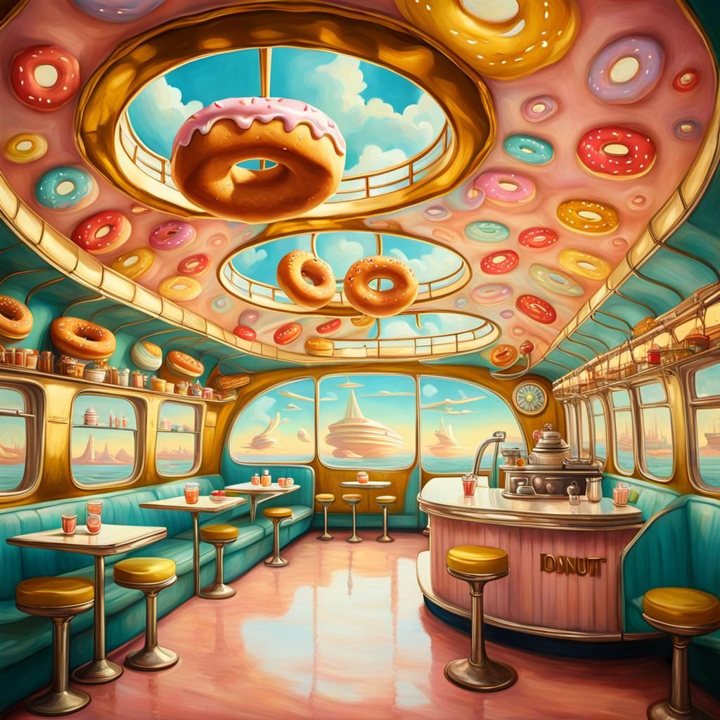 Surreal Donut Shop Airship in Dreamlike Oil Painting