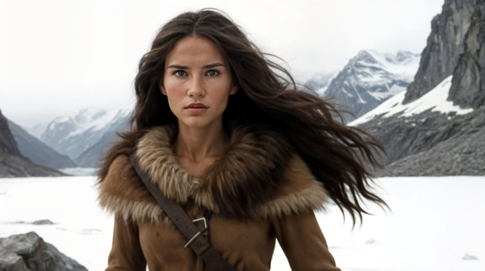 Prehistoric Woman Walks Glacier in Stone Age Landscape