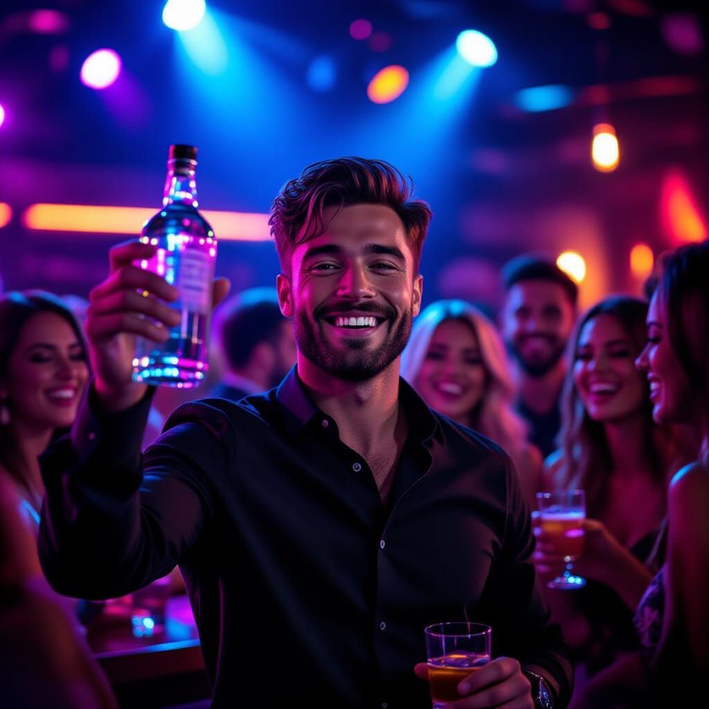 Nightclub Scene: Man Holds Vodka Amidst Friends and Lights