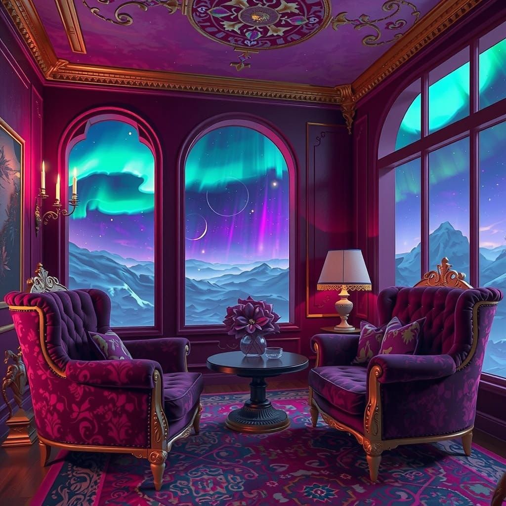 Mystical Purple Oasis Under Aurora Skies