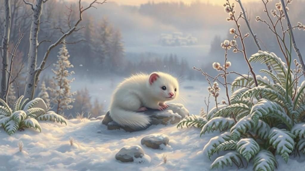 Weasel in Winter Landscape: Watercolor Style