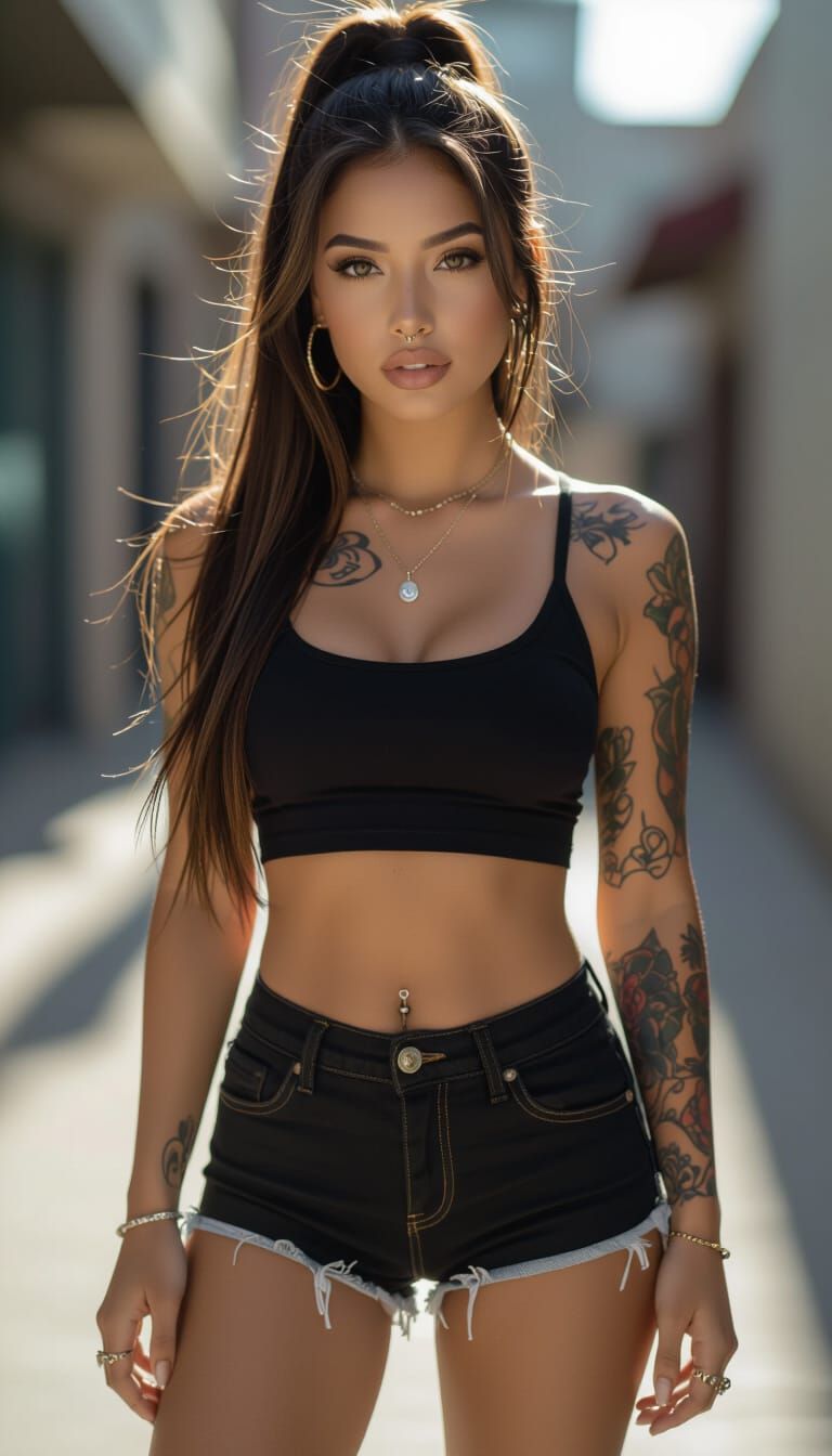 Young Latina Woman in Black Top and Shorts