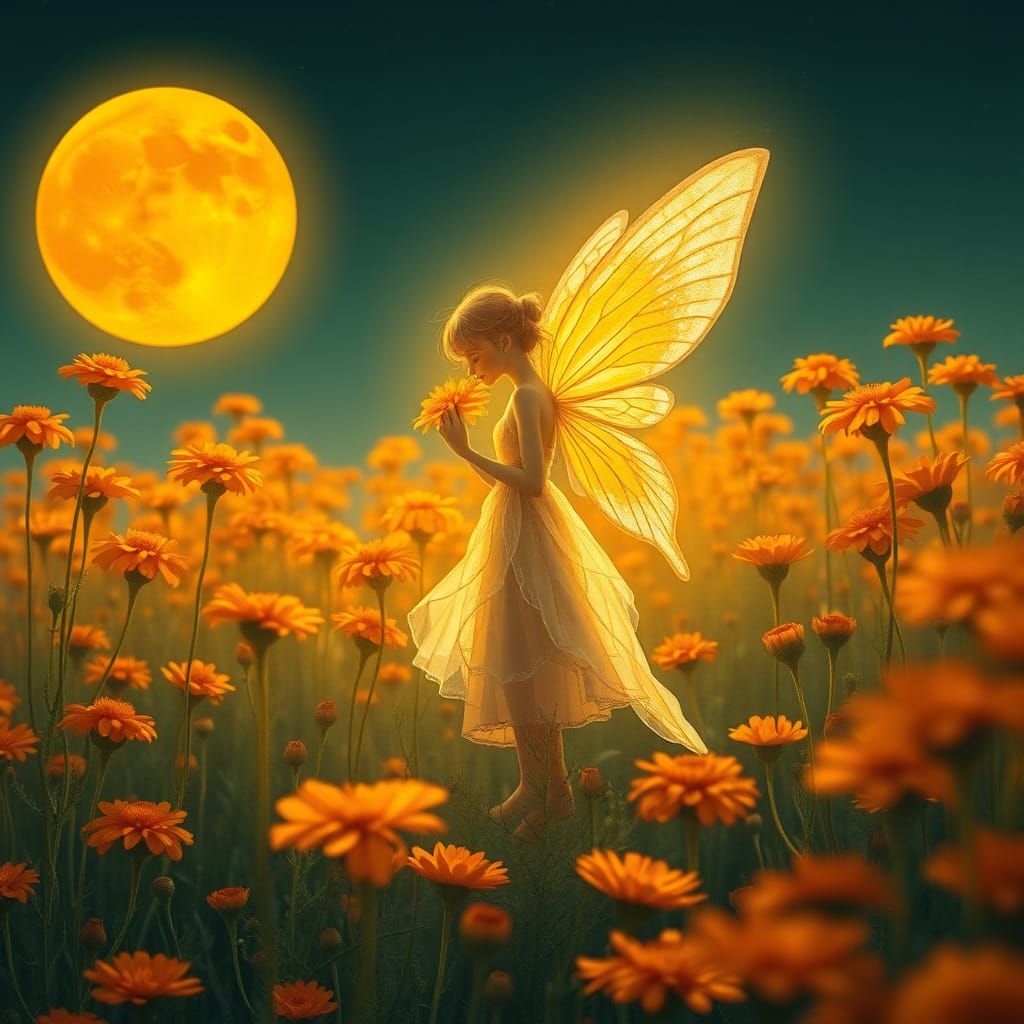 Fairy in Orange Flower Field Under Moonlight