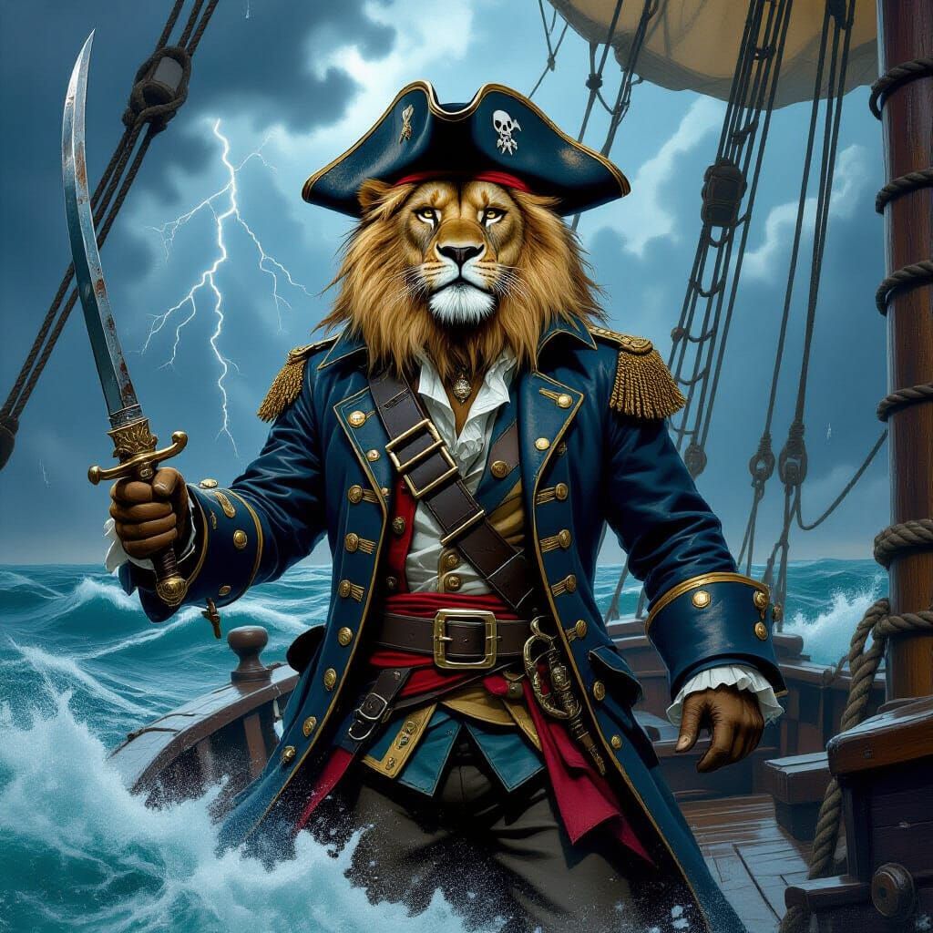 Lion Pirate Captain on Stormy Seas