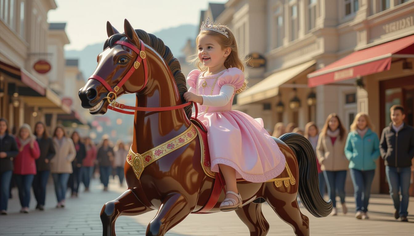 Girl Rides Wooden Horse Sculpture in Art Gallery