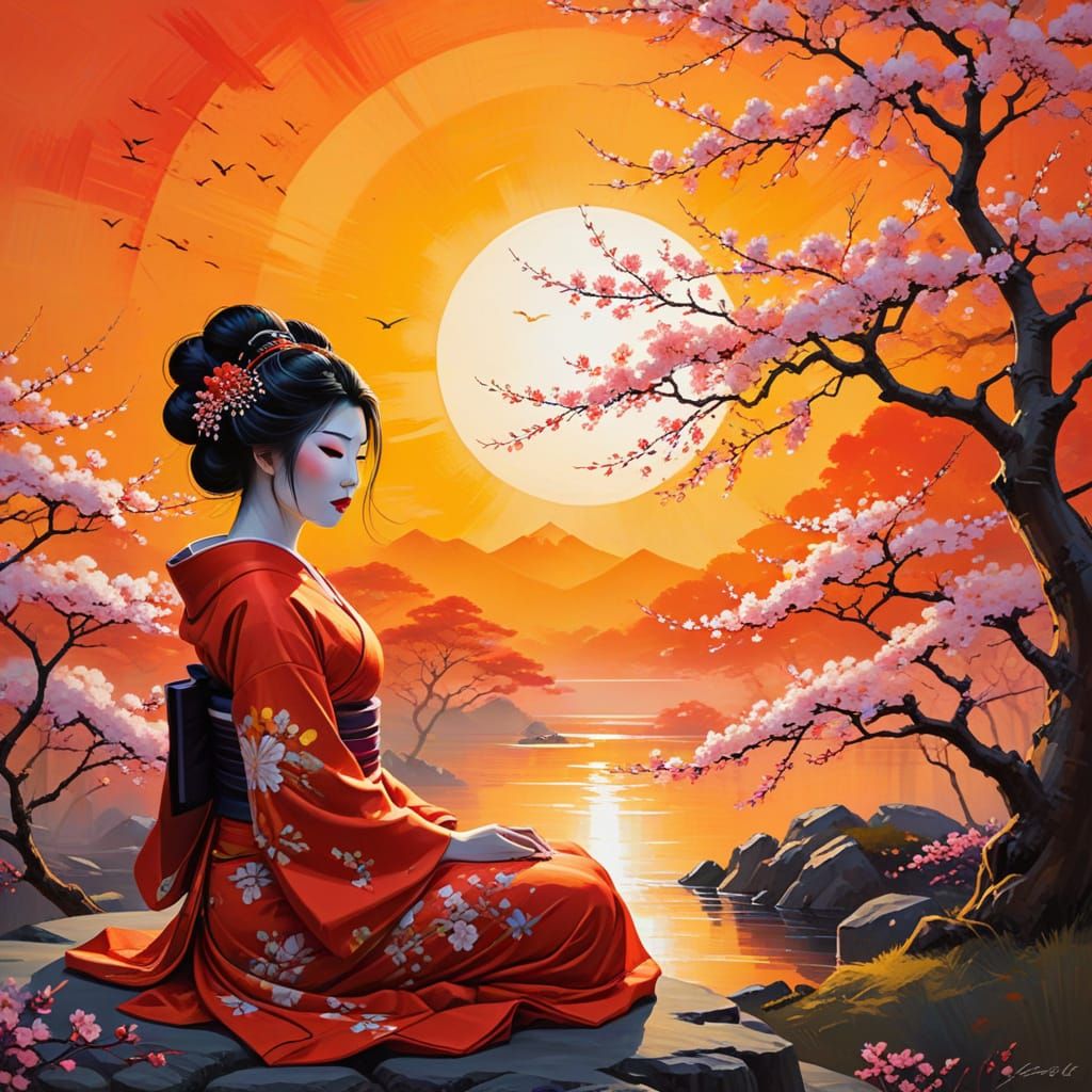 Modern Geisha Meditation in Vibrant Blossom Tree Setting