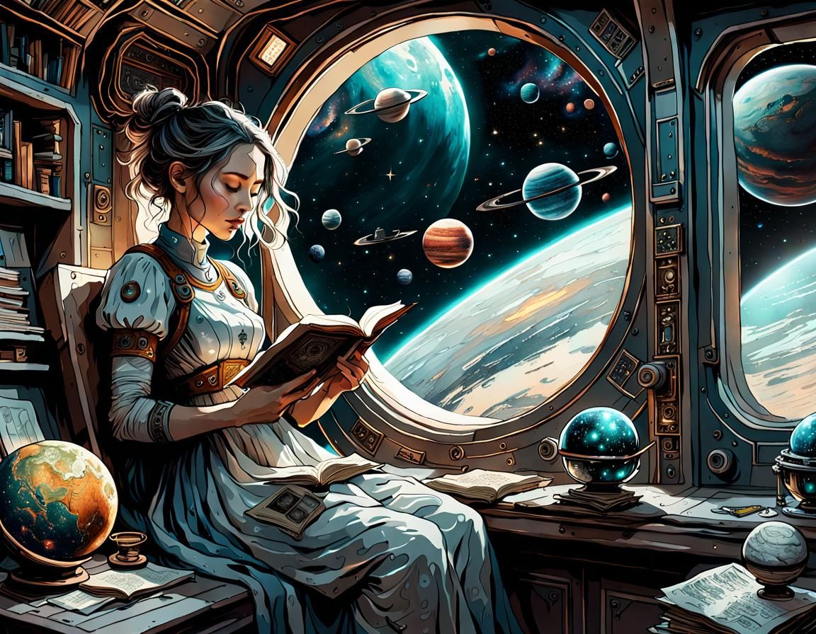 Space Station Reading Room: Ink Illustration