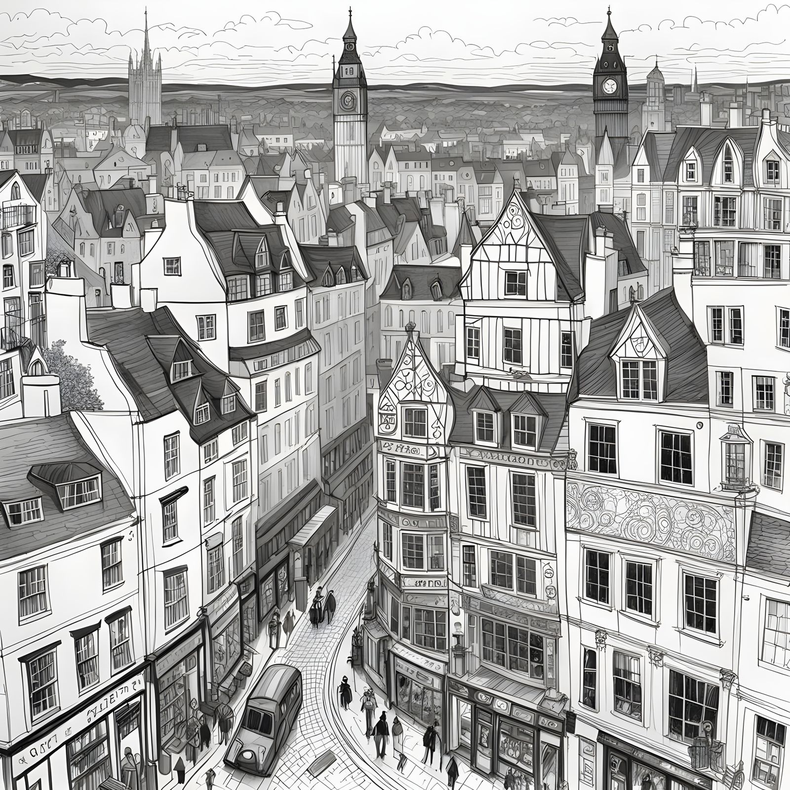 Detailed Black and White Cityscape Doodle Drawing