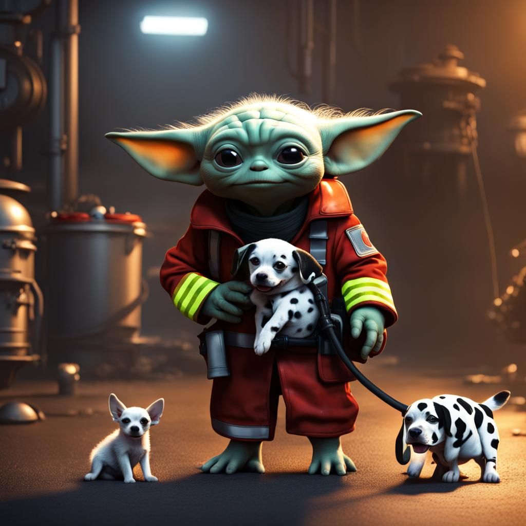 Baby Yoda as Firefighter with Dalmatian Puppy