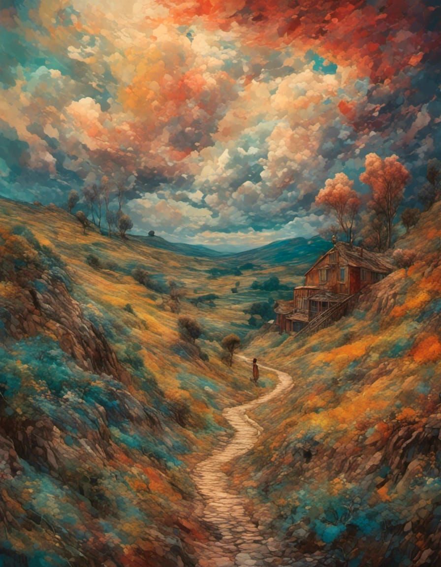 Surrealist Pathway Painting with Dreamlike Village