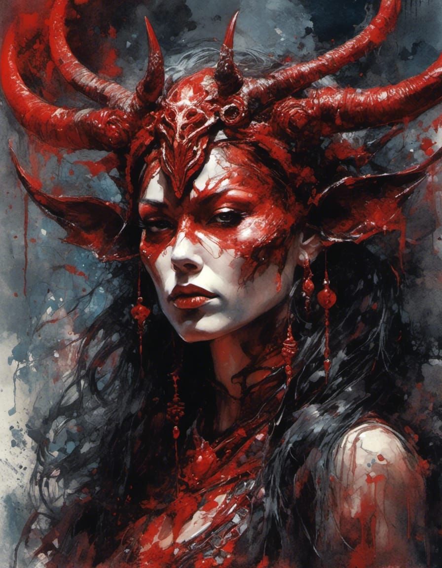 Muscular Horned Demoness in Watercolor Graffiti Style