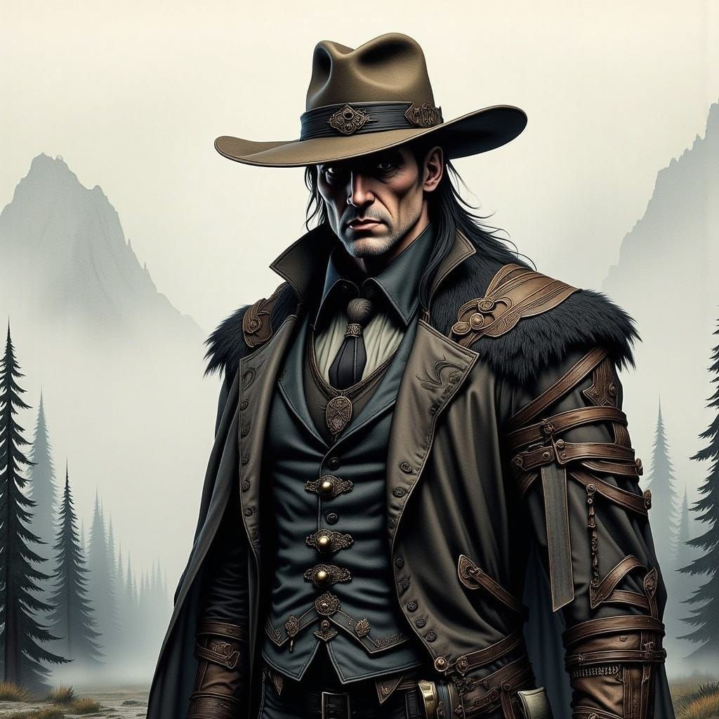 Futuristic Figure Gazing at Misty Forest in Watercolor