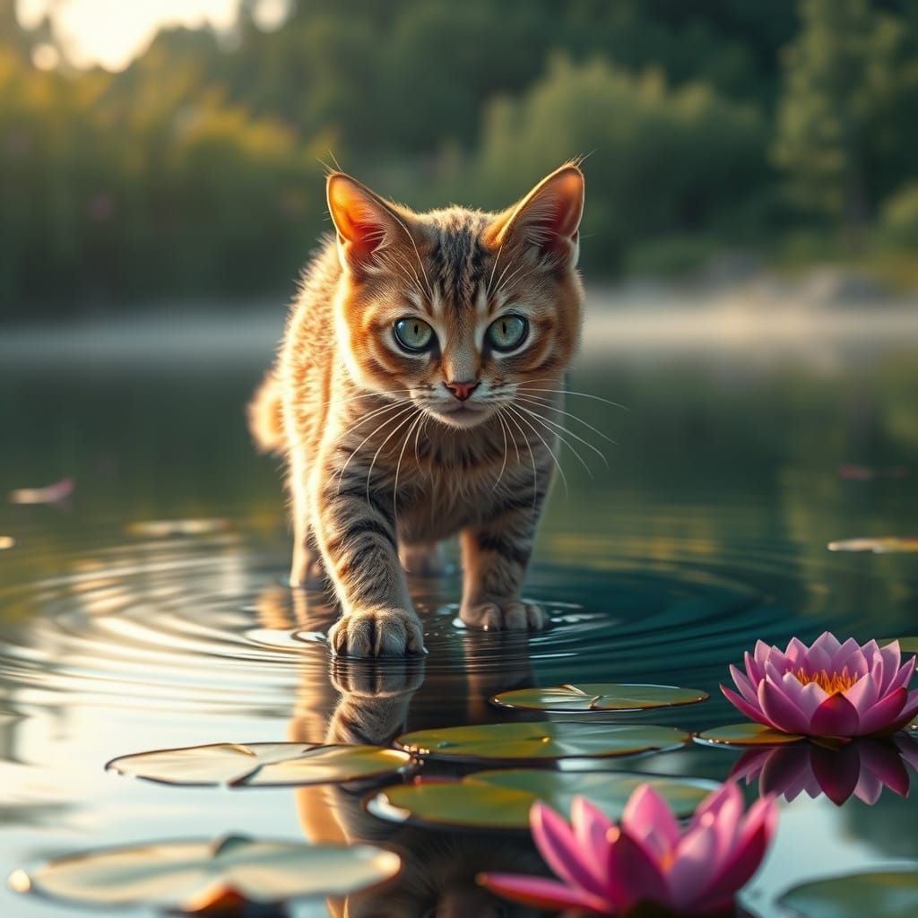 Ethereal Feline Crossing a Serene Lake at Sunrise