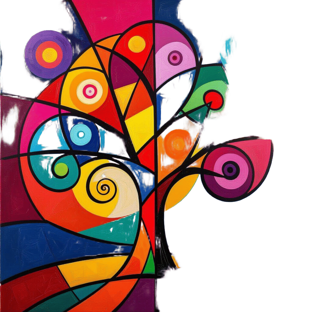 Neon Cubist Tree with Abstract Shapes