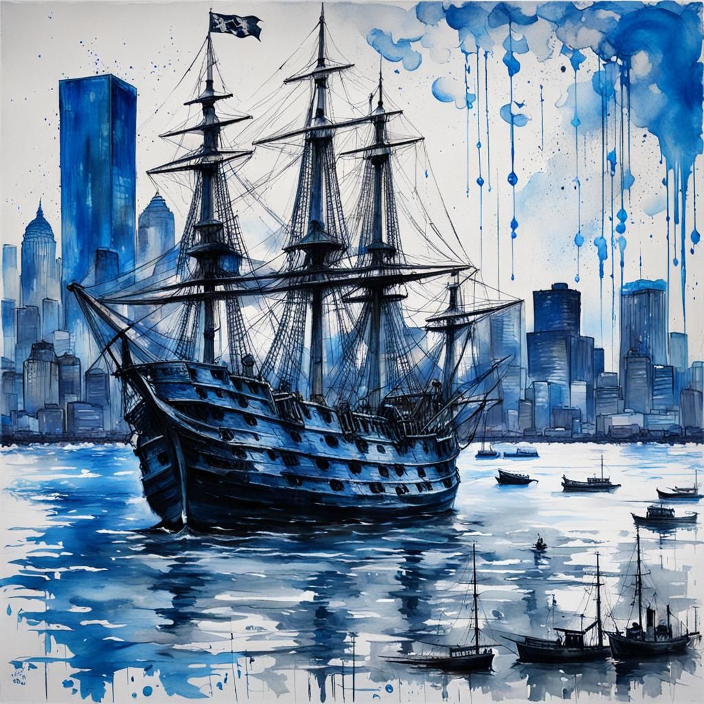 Pirate Ship Approaching Boston in Monochromatic Grunge Style