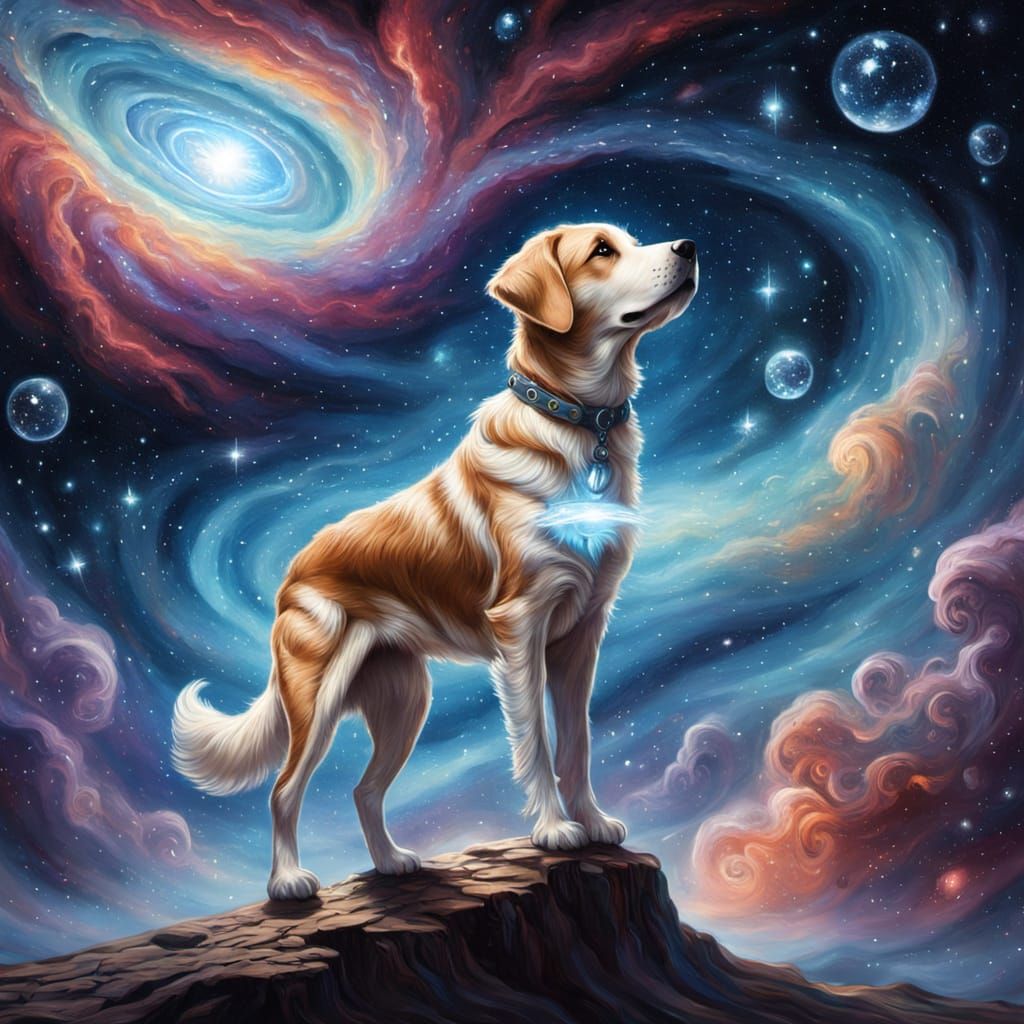 Dog Hunts Diamond in Cosmic Oil Painting