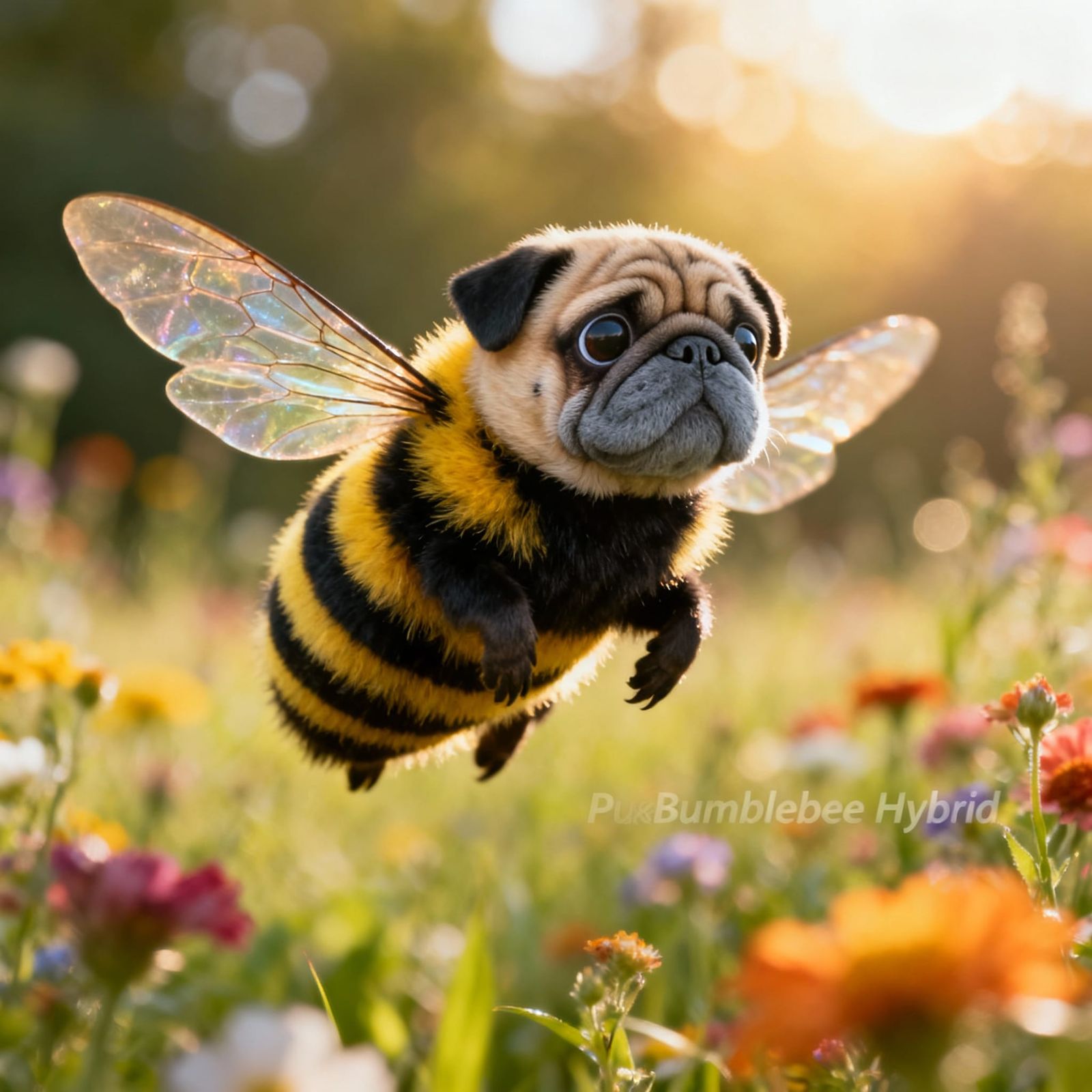Flying Pug-Bumblebee Hybrid in Summer Meadow