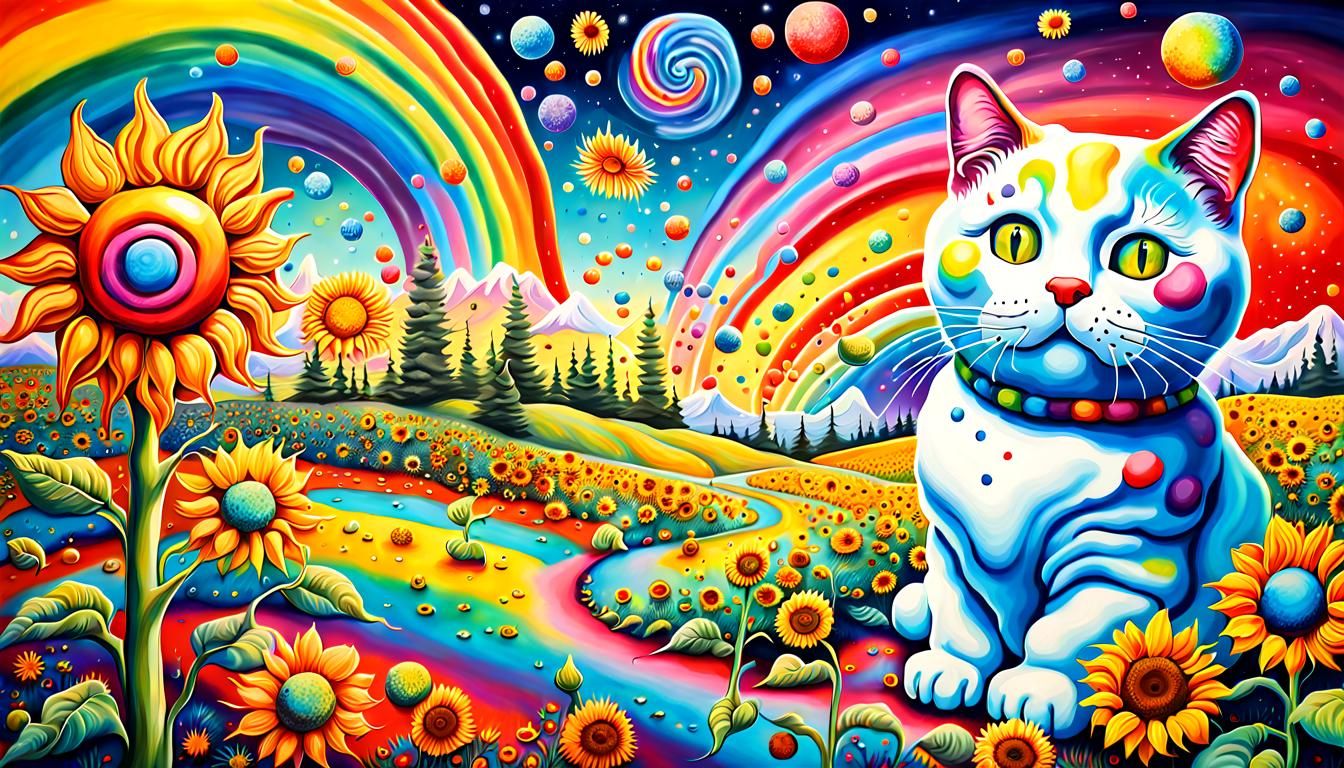 Surreal Melting Snowman Cat in Candyland Style