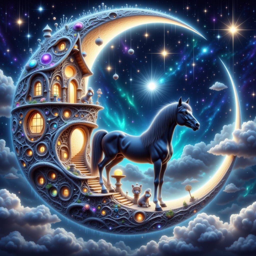 Black Horse in Moon Sanctuary Surreal Fantasy Art