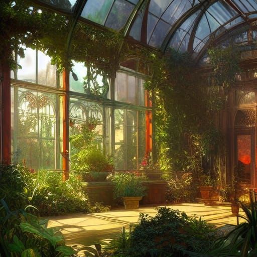 Lush Plants in Glass House, Hyperdetailed Concept Art