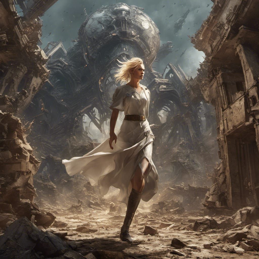 Fantasy Scientist Evading War Machines: Dark Fantasy Art