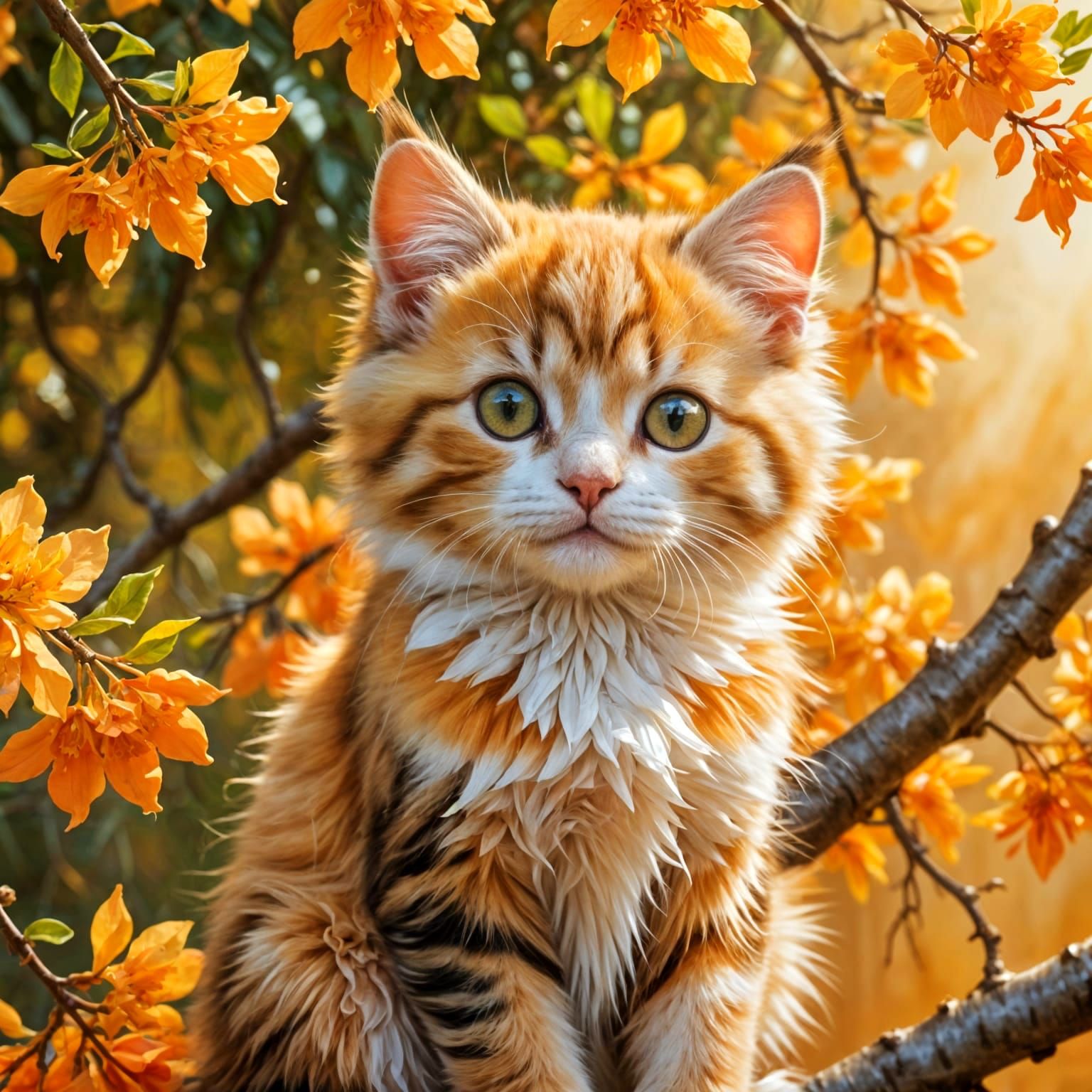Cute Kitten in Blooming Tree with Volcano Background