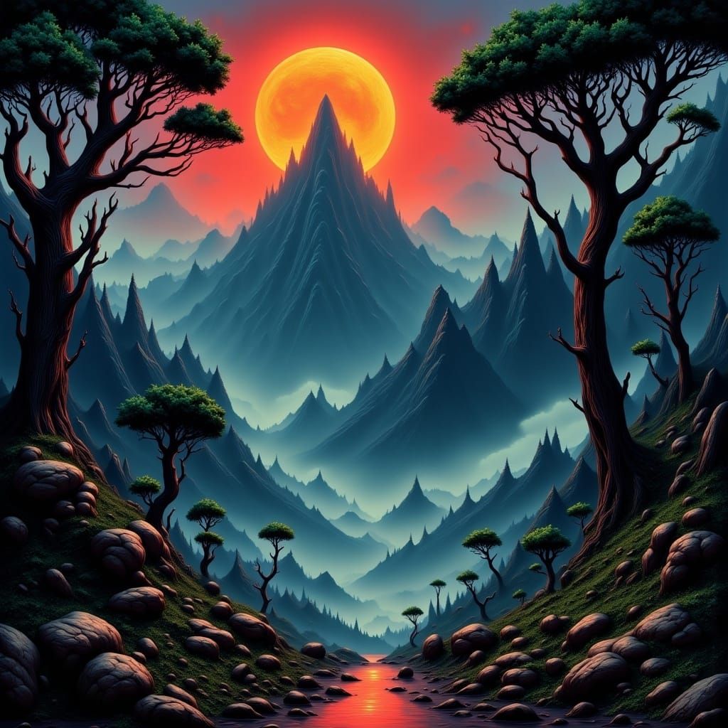 Ethereal Crimson Moon Over Mystical Mountain Valley