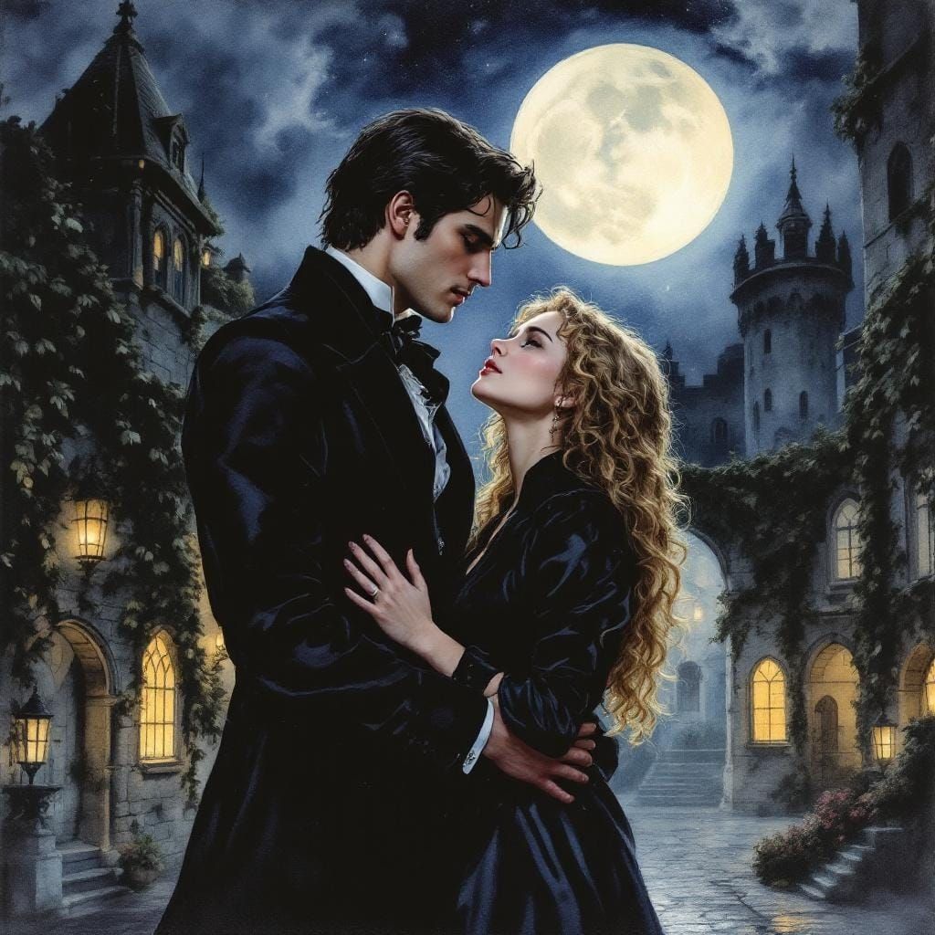 Romantic Gothic Embrace in Moonlit Courtyard