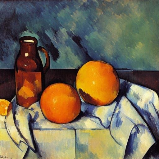 Still Life with Oranges and Blue Bottle in Cezanne Style