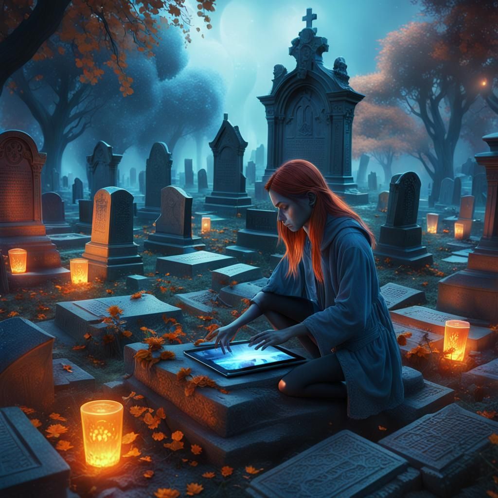 Girl with iPad in Mystical Cemetery: Digital Matte Painting