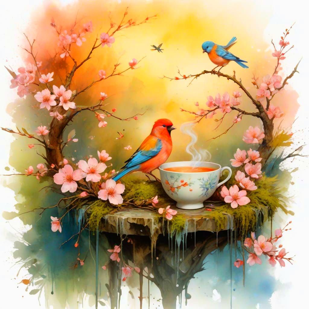 Pastel Lovebirds on Cherry Blossom Branch Above Mossy Teacup