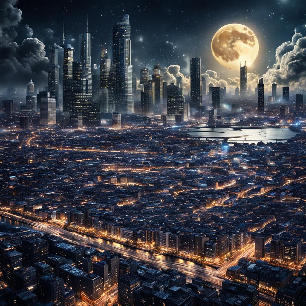 Dramatic Moonrise Over City Nightscape