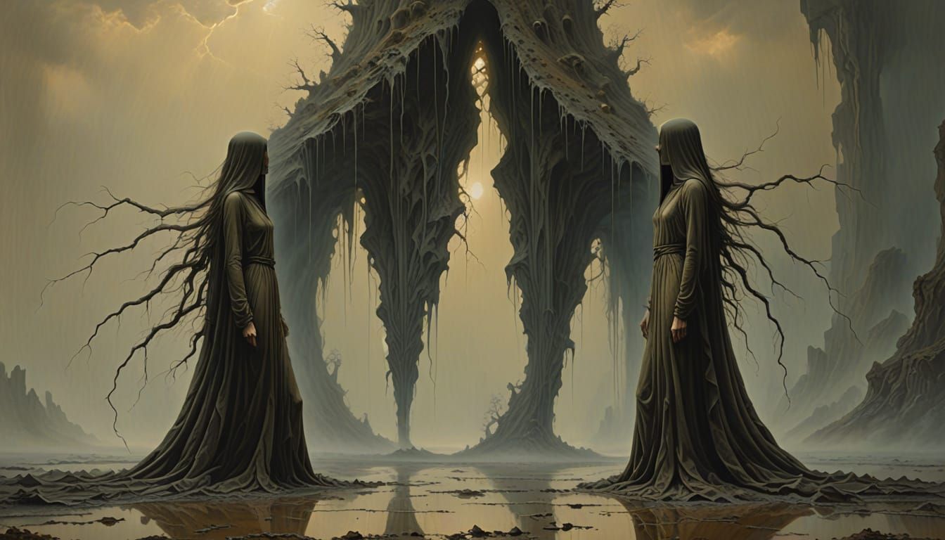 Ethereal Figures in Surreal Void as Painterly Mythic Decay