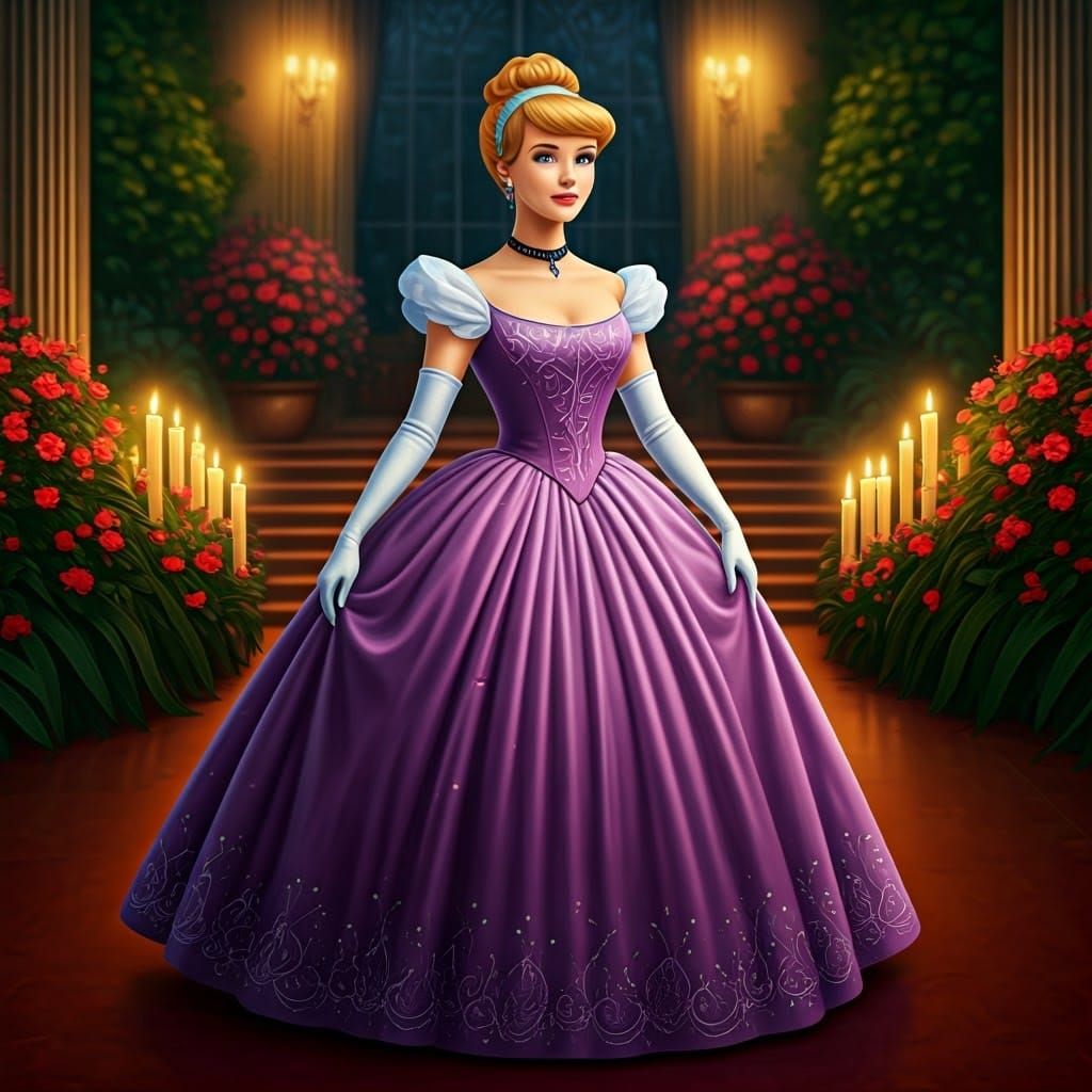 Cinderella wearing a purple gown