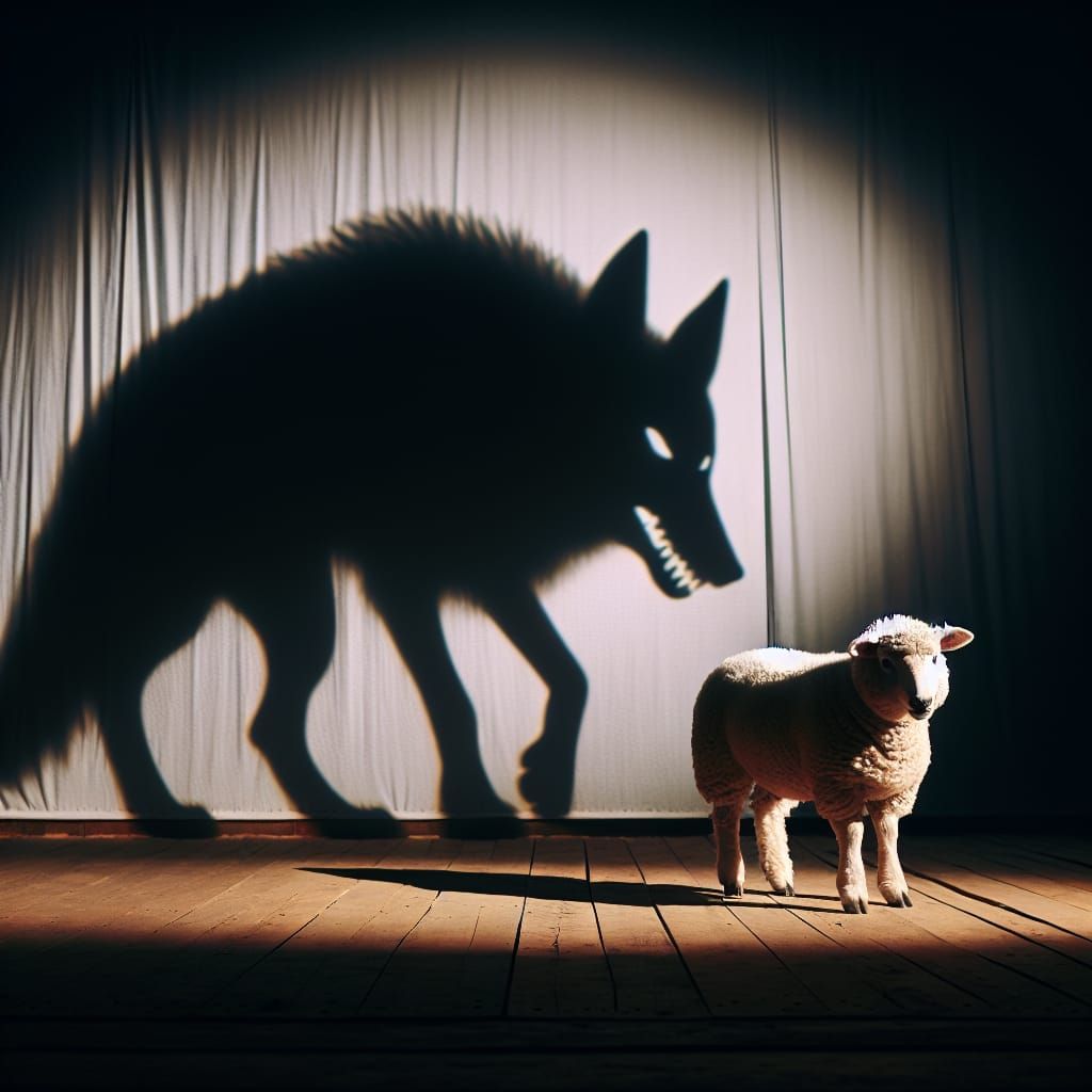 Sheep in Spotlight Faces Dark Predator in Dramatic Tension